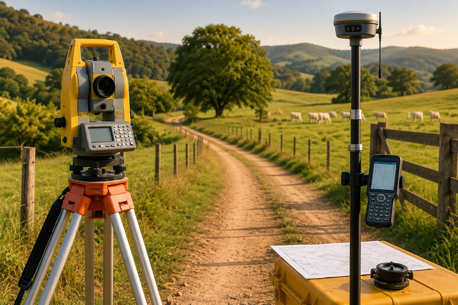Estação total e receptor GNSS em levantamento de campo em área rural