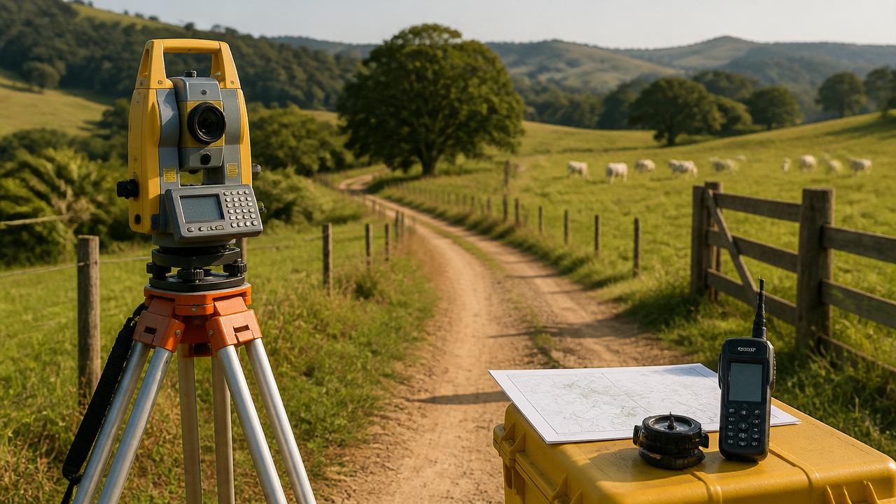 Equipamento de topografia em campo para regularização de imóvel rural